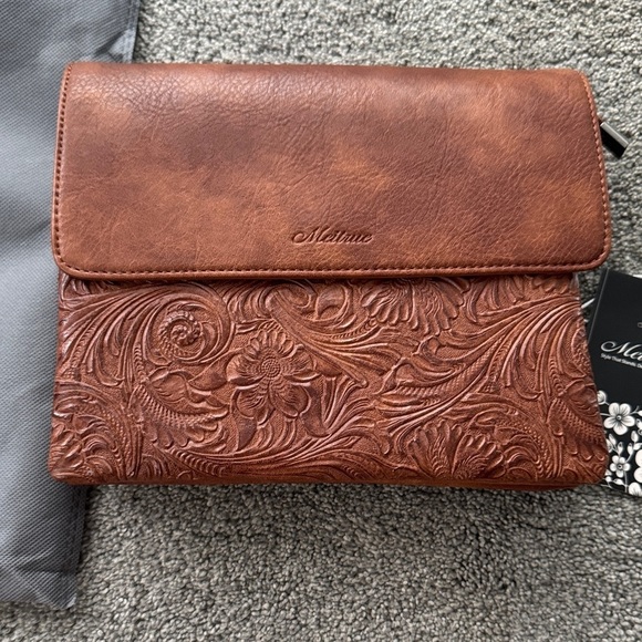 meitrue Handbags - Floral Embossed Tan Crossbody Bag